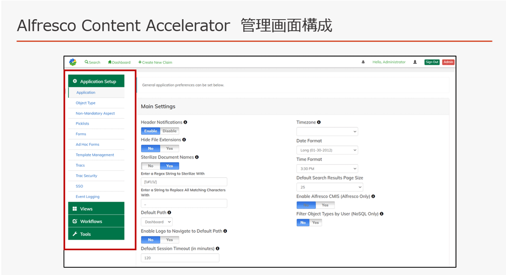 「Alfresco Content Accelerator」管理画面の構成