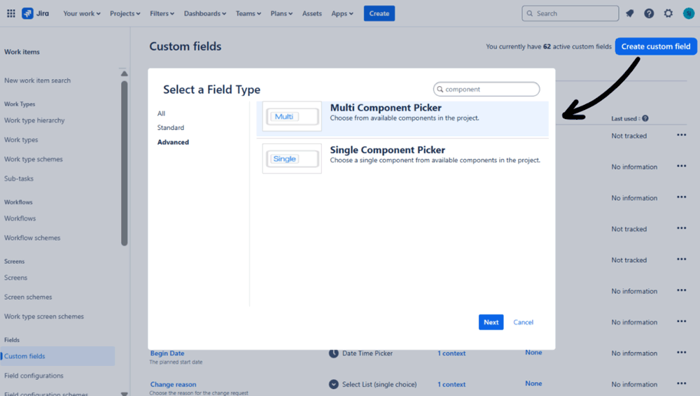 Jira CloudのJira管理者は、課題カスタムフィールドの設定画面で、Component Pickerタイプのフィールドを選択・追加できます